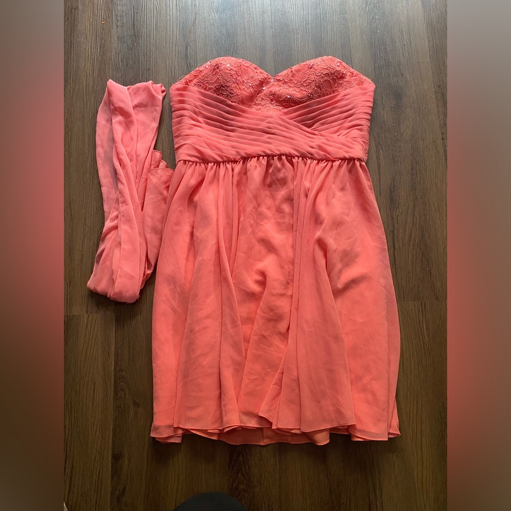 Strapless Coral Dress with Lace Detail